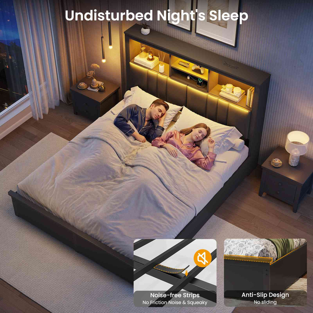 DICTAC | Bed Frame with LED Lights & Charging Station, Hidden Headboard Storage, 4 Drawers
