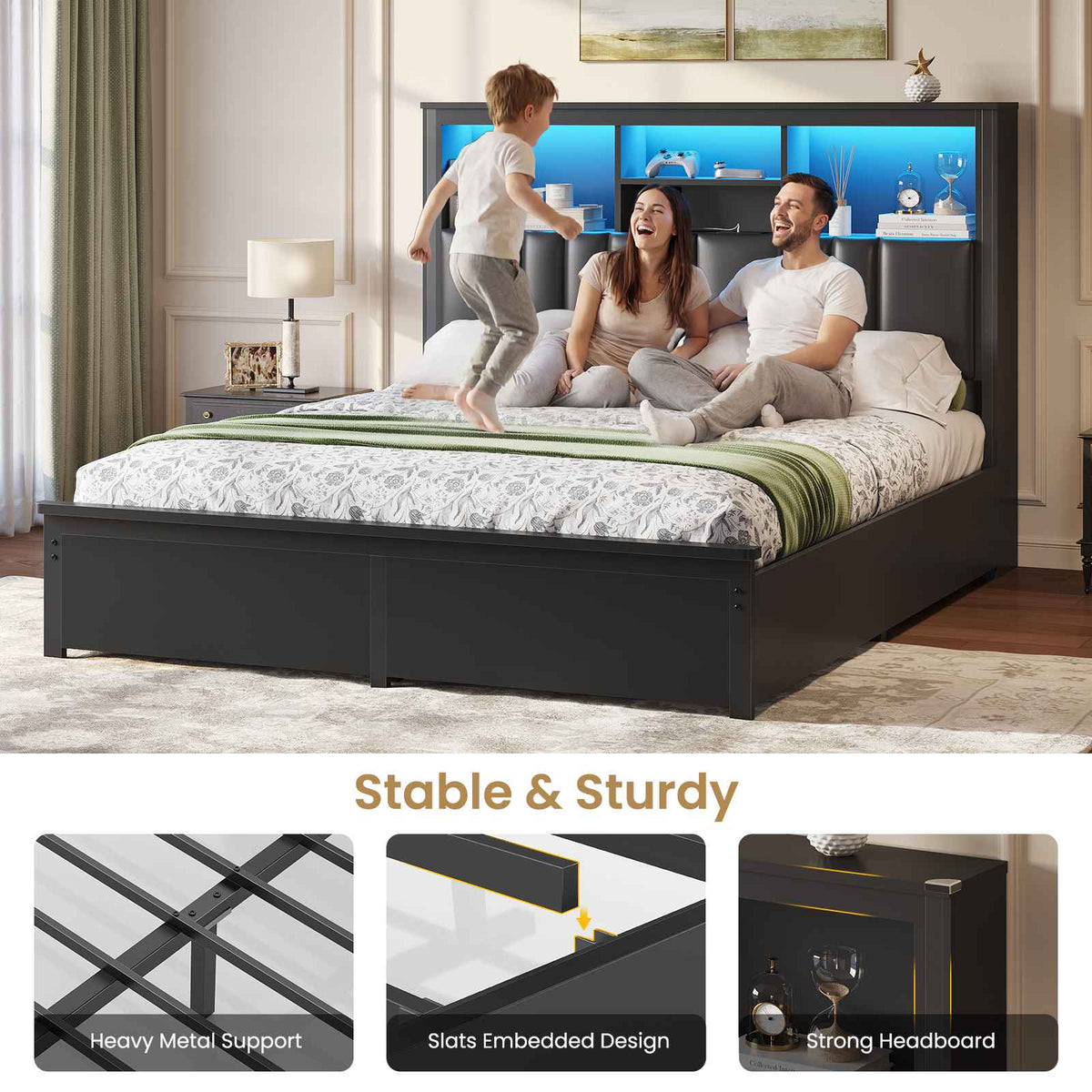 DICTAC | Bed Frame with LED Lights & Charging Station, Hidden Headboard Storage, 4 Drawers