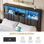 DICTAC | Bed Frame with LED Lights & Charging Station, Hidden Headboard Storage, 4 Drawers