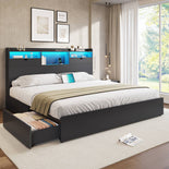 DICTAC | Platform Bed Frame with Storage Drawers, Bookcase Headboard, LED Lights & Charging Station (Queen/King/California King, Black)