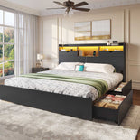 DICTAC | Platform Bed Frame with Storage Drawers, Bookcase Headboard, LED Lights & Charging Station (Queen/King/California King, Black)