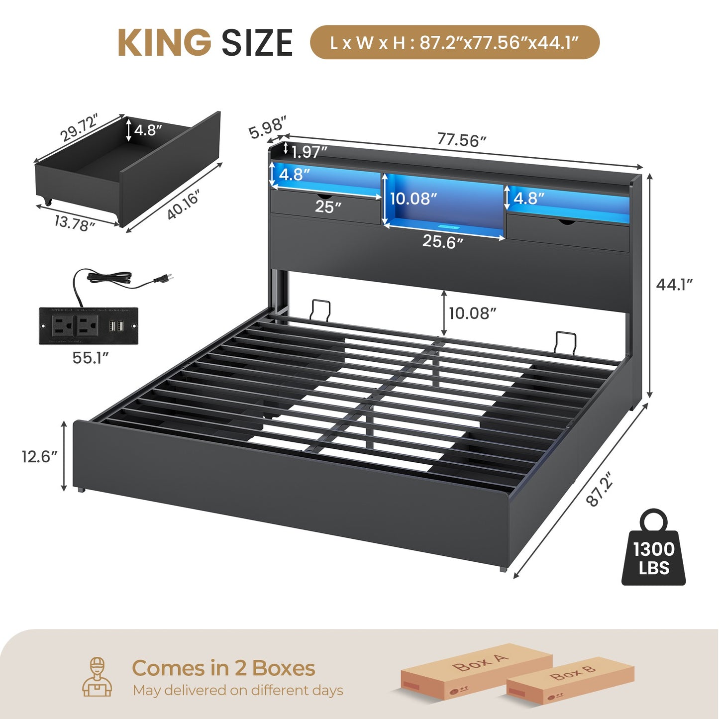 DICTAC | Platform Bed Frame with Storage Drawers, Bookcase Headboard, LED Lights & Charging Station (Queen/King/California King, Black)