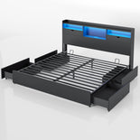 DICTAC | Platform Bed Frame with Storage Drawers, Bookcase Headboard, LED Lights & Charging Station (Queen/King/California King, Black)
