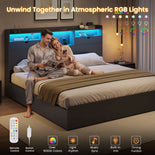 DICTAC | Platform Bed Frame with Storage Drawers, Bookcase Headboard, LED Lights & Charging Station (Queen/King/California King, Black)