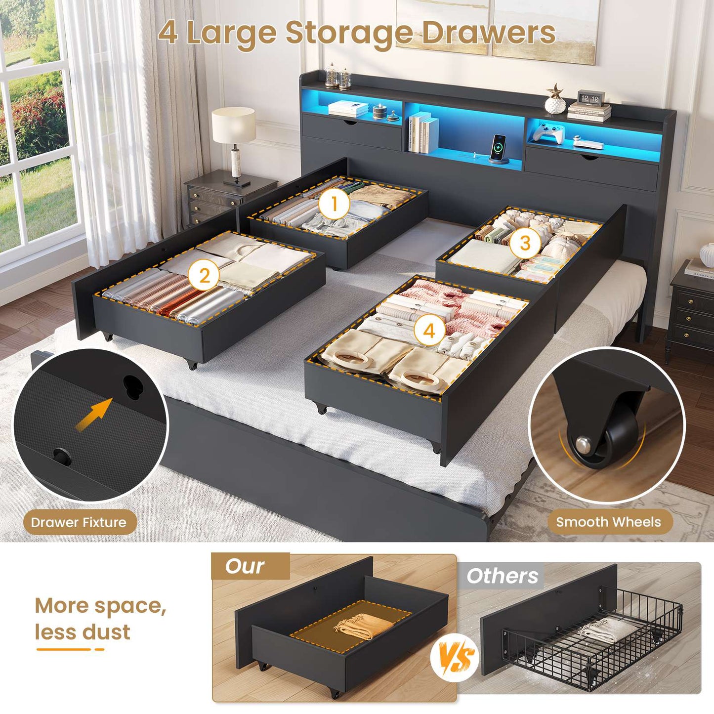 DICTAC | Platform Bed Frame with Storage Drawers, Bookcase Headboard, LED Lights & Charging Station (Queen/King/California King, Black)
