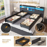 DICTAC | Platform Bed Frame with Storage Drawers, Bookcase Headboard, LED Lights & Charging Station (Queen/King/California King, Black)