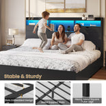 DICTAC | Platform Bed Frame with Storage Drawers, Bookcase Headboard, LED Lights & Charging Station (Queen/King/California King, Black)