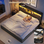 DICTAC | Platform Bed Frame with Storage Drawers, Bookcase Headboard, LED Lights & Charging Station (Queen/King/California King, Black)