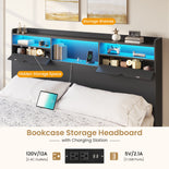 DICTAC | Platform Bed Frame with Storage Drawers, Bookcase Headboard, LED Lights & Charging Station (Queen/King/California King, Black)