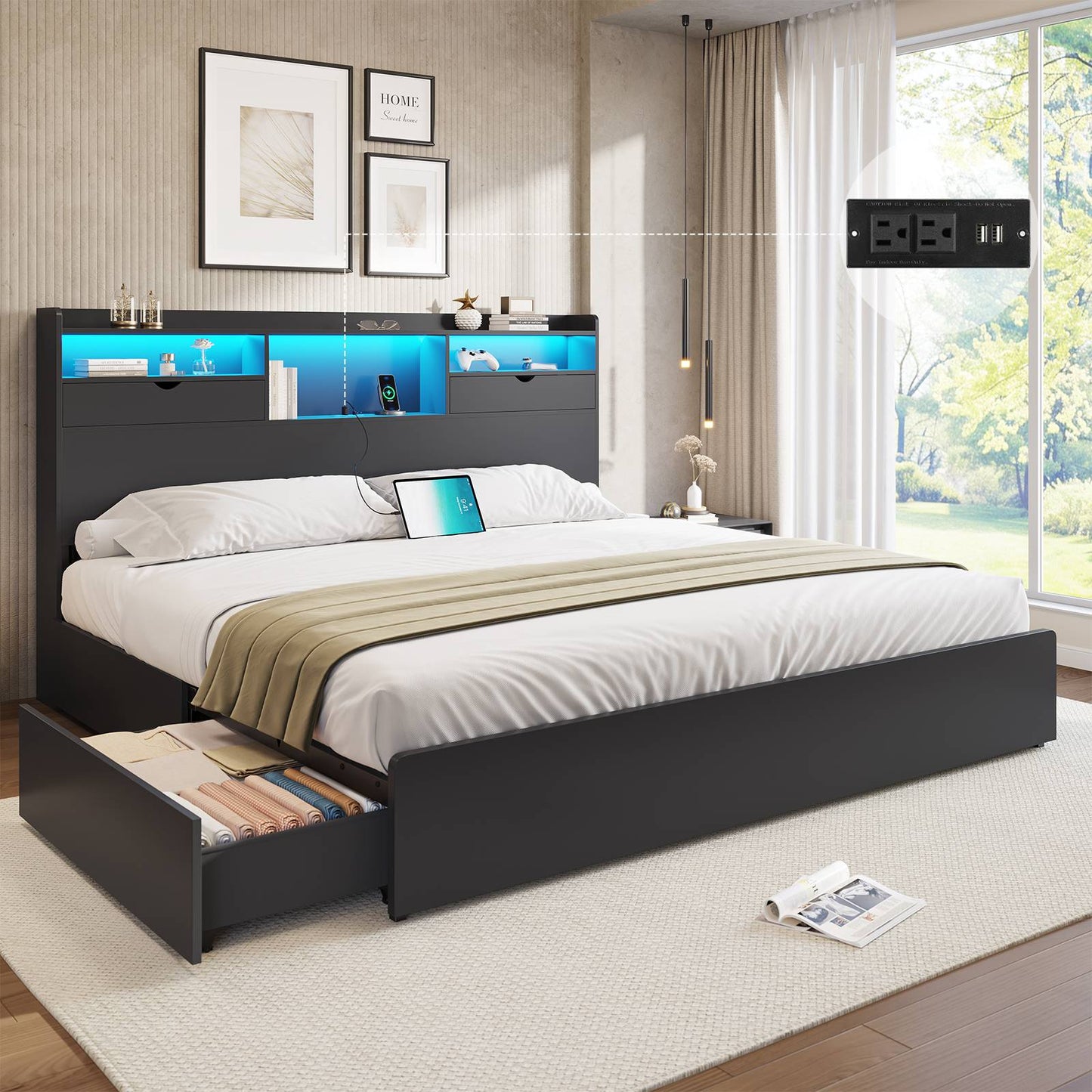 DICTAC | Platform Bed Frame with Storage Drawers, Bookcase Headboard, LED Lights & Charging Station (Queen/King/California King, Black)