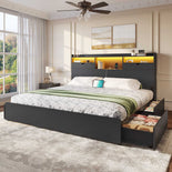 DICTAC | Platform Bed Frame with Storage Drawers, Bookcase Headboard, LED Lights & Charging Station (Queen/King/California King, Black)