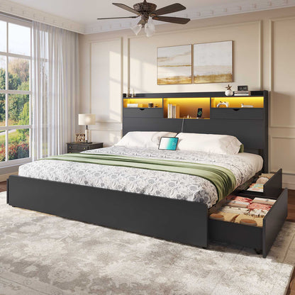 DICTAC | Platform Bed Frame with Storage Drawers, Bookcase Headboard, LED Lights & Charging Station (Queen/King/California King, Black)