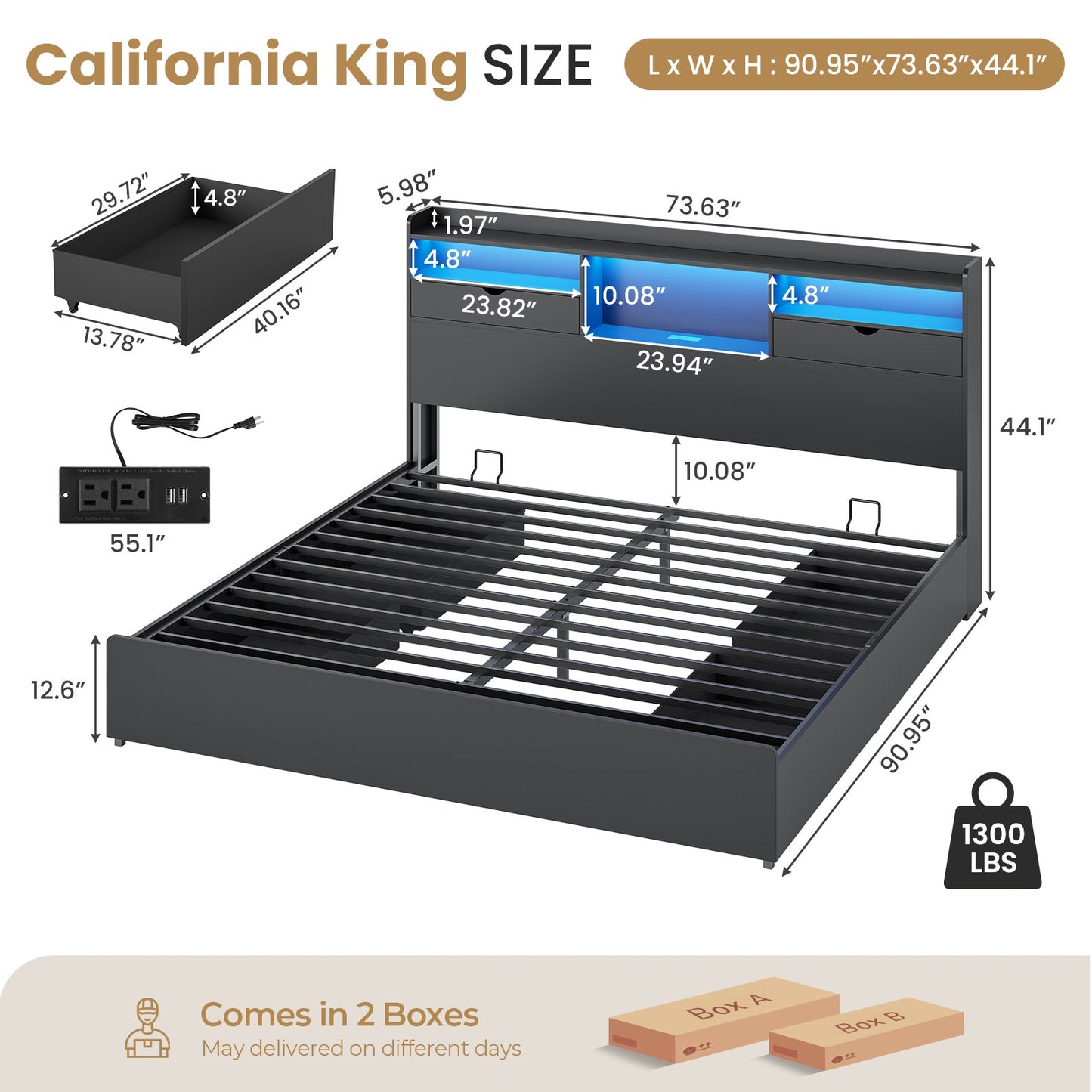DICTAC | Platform Bed Frame with Storage Drawers, Bookcase Headboard, LED Lights & Charging Station (Queen/King/California King, Black)