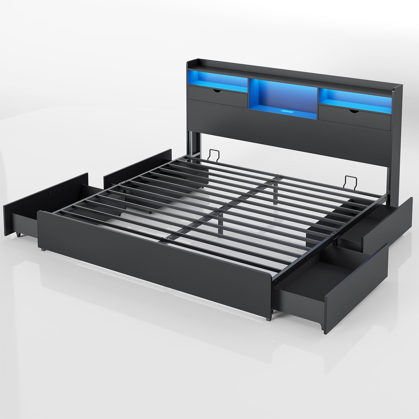 DICTAC | Platform Bed Frame with Storage Drawers, Bookcase Headboard, LED Lights & Charging Station (Queen/King/California King, Black)
