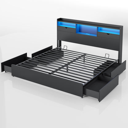 DICTAC | Platform Bed Frame with Storage Drawers, Bookcase Headboard, LED Lights & Charging Station (Queen/King/California King, Black)