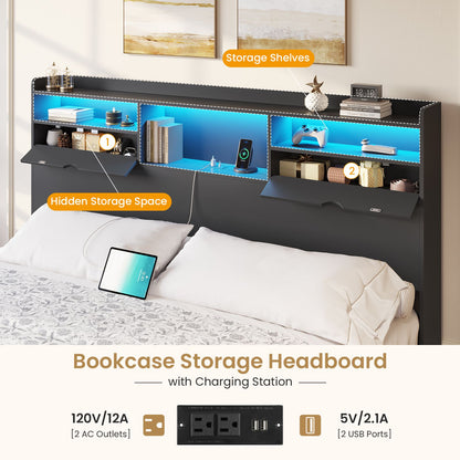 DICTAC | Platform Bed Frame with Storage Drawers, Bookcase Headboard, LED Lights & Charging Station (Queen/King/California King, Black)
