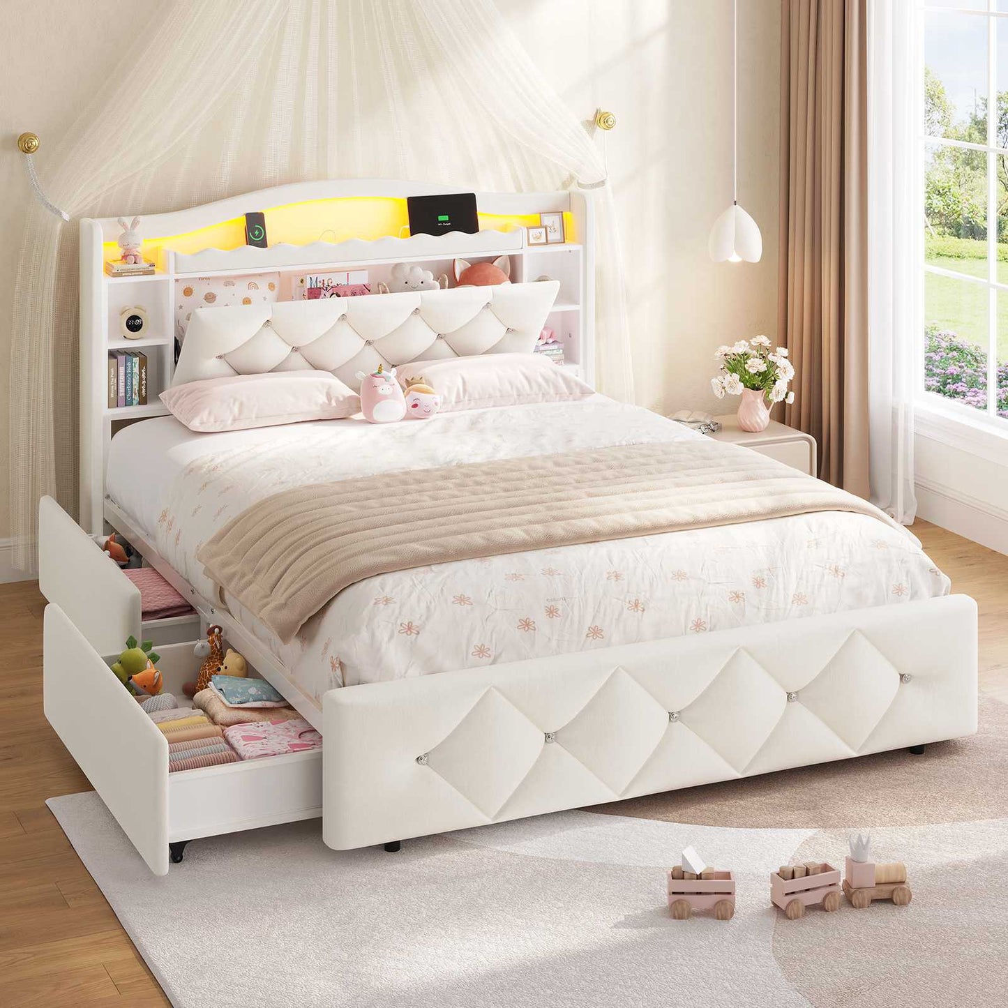 DICTAC | Twin/Full Princess Bed Frame with Storage Drawers, LED Lights, Bookcase Headboard & Charging Station, Beige Velvet Upholstered Bed,Beige