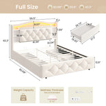 DICTAC | Princess Bed Frame with Storage Drawers, LED Lights, Bookcase Headboard & Charging Station, Beige Velvet Upholstered Bed,Beige