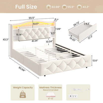 DICTAC | Twin/Full Princess Bed Frame with Storage Drawers, LED Lights, Bookcase Headboard & Charging Station, Beige Velvet Upholstered Bed,Beige