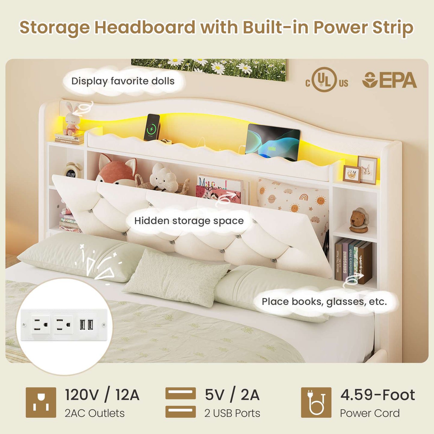 DICTAC | Twin/Full Princess Bed Frame with Storage Drawers, LED Lights, Bookcase Headboard & Charging Station, Beige Velvet Upholstered Bed,Beige
