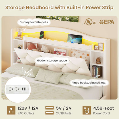 DICTAC | Twin/Full Princess Bed Frame with Storage Drawers, LED Lights, Bookcase Headboard & Charging Station, Beige Velvet Upholstered Bed,Beige