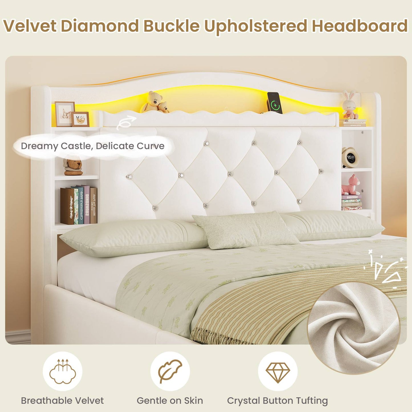 DICTAC | Twin/Full Princess Bed Frame with Storage Drawers, LED Lights, Bookcase Headboard & Charging Station, Beige Velvet Upholstered Bed,Beige