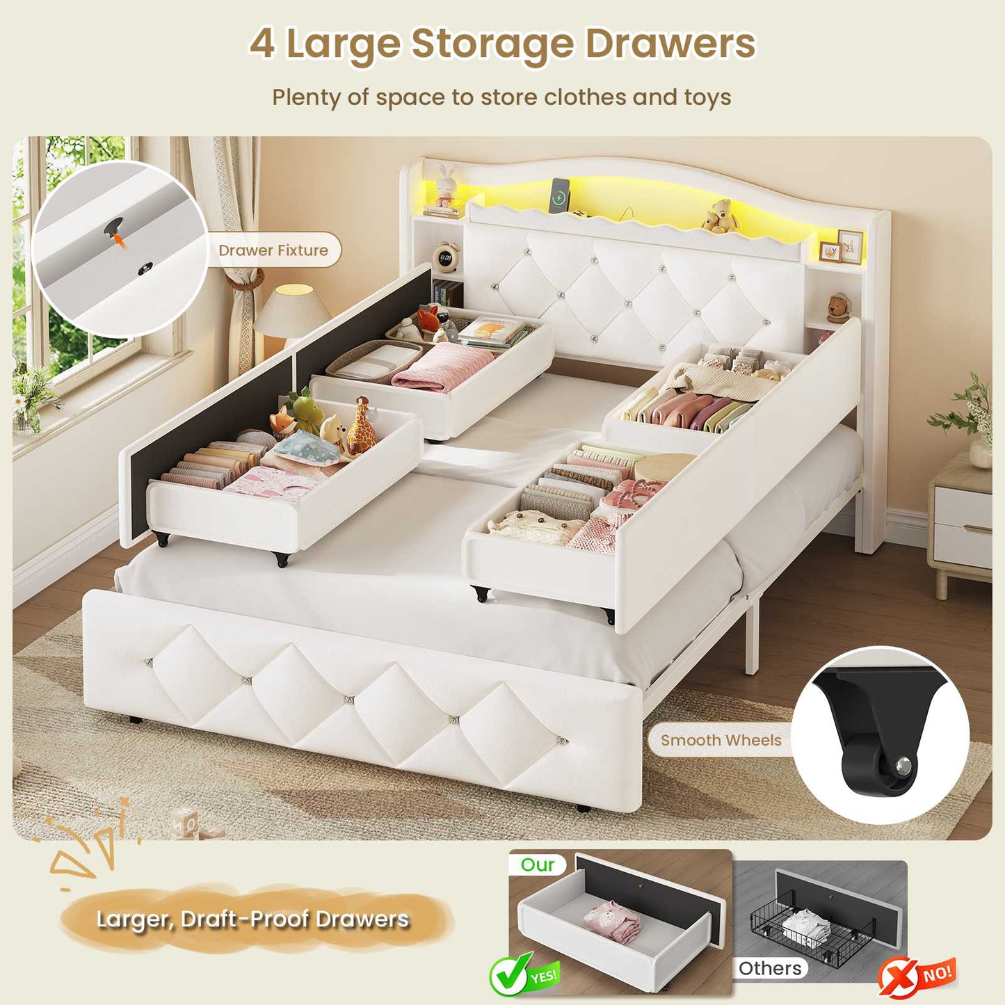 DICTAC | Twin/Full Princess Bed Frame with Storage Drawers, LED Lights, Bookcase Headboard & Charging Station, Beige Velvet Upholstered Bed,Beige