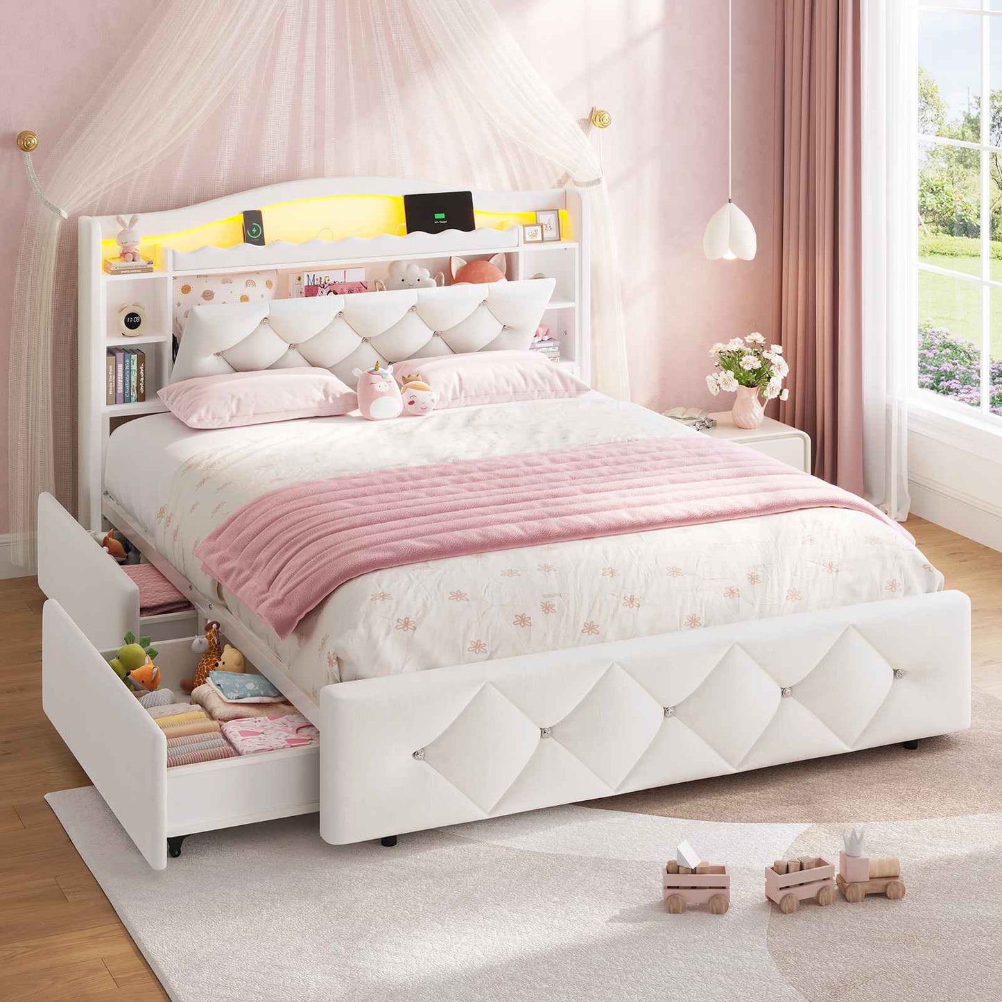 DICTAC | Twin/Full Princess Bed Frame with Storage Drawers, LED Lights, Bookcase Headboard & Charging Station, Beige Velvet Upholstered Bed,Beige