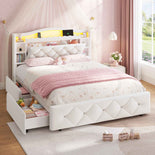 DICTAC | Princess Bed Frame with Storage Drawers, LED Lights, Bookcase Headboard & Charging Station, Beige Velvet Upholstered Bed,Beige