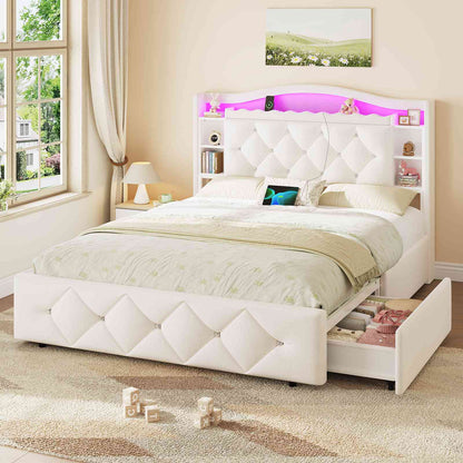 DICTAC | Twin/Full Princess Bed Frame with Storage Drawers, LED Lights, Bookcase Headboard & Charging Station, Beige Velvet Upholstered Bed,Beige
