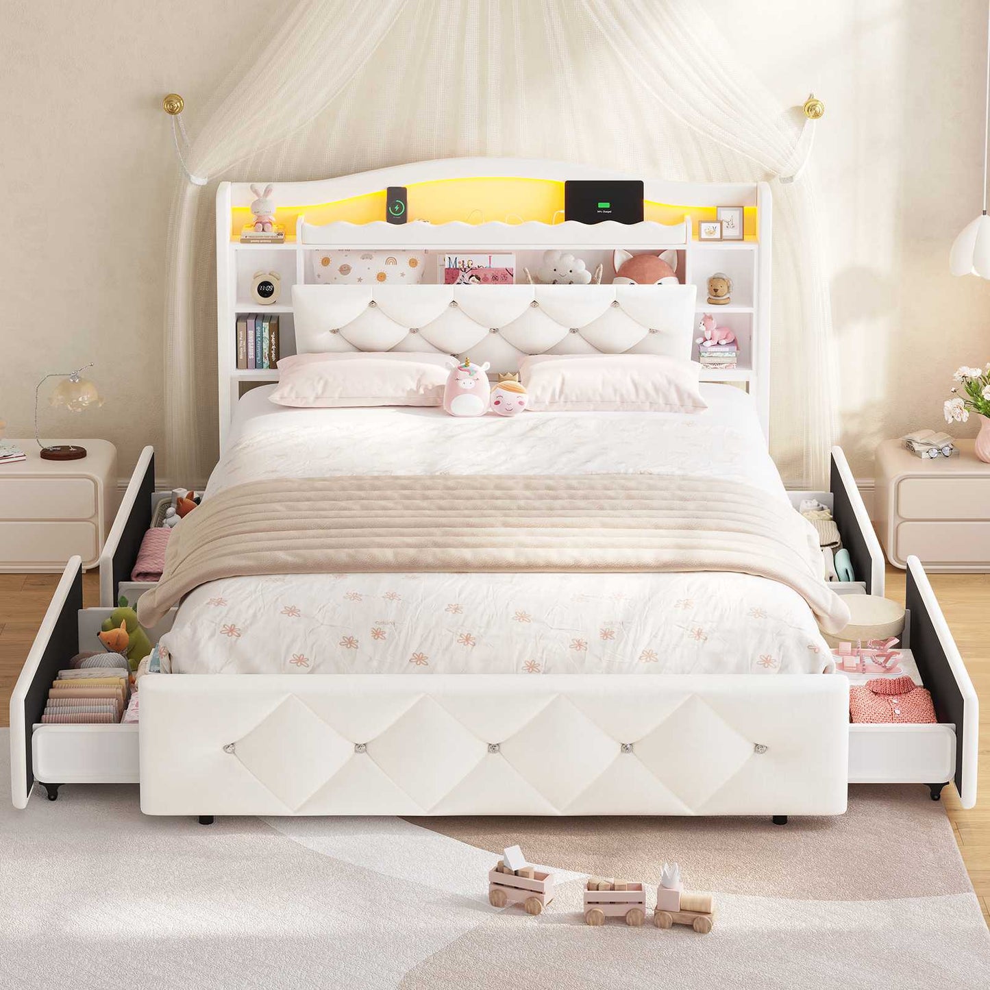 DICTAC | Twin/Full Princess Bed Frame with Storage Drawers, LED Lights, Bookcase Headboard & Charging Station, Beige Velvet Upholstered Bed,Beige