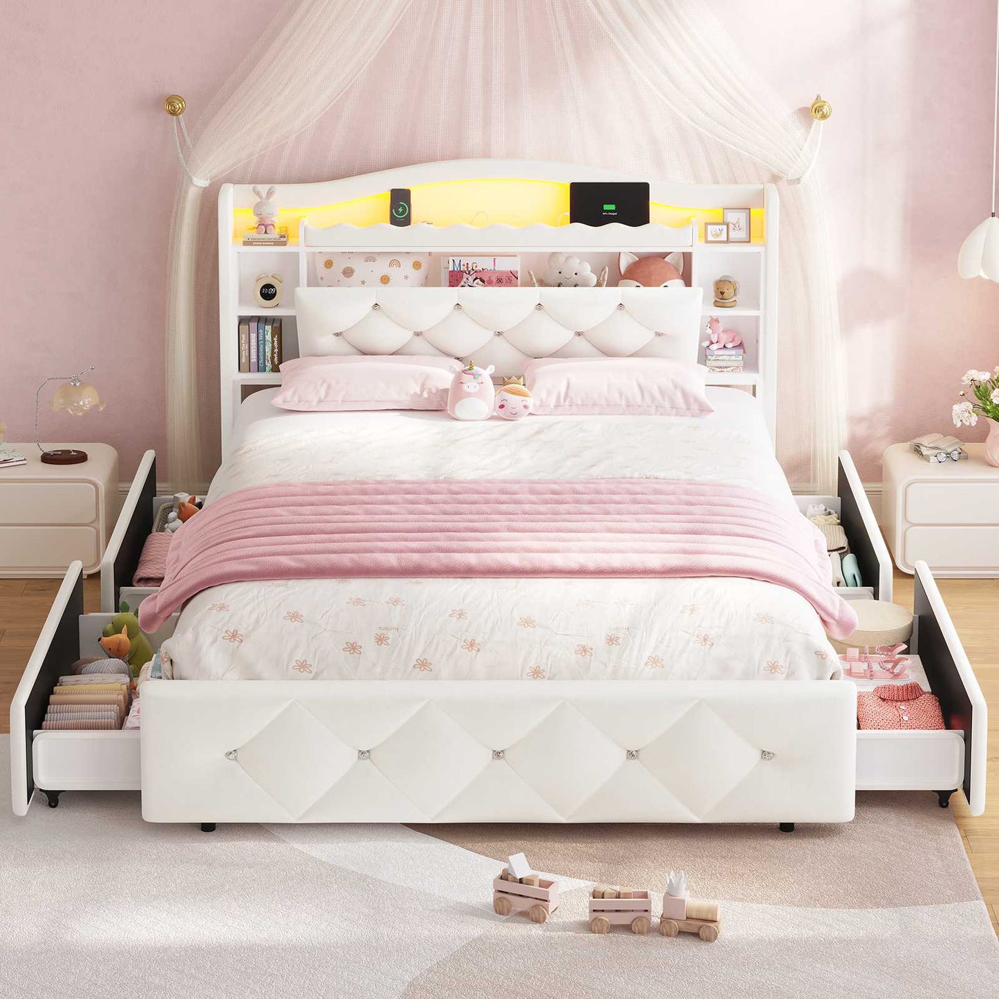 DICTAC | Twin/Full Princess Bed Frame with Storage Drawers, LED Lights, Bookcase Headboard & Charging Station, Beige Velvet Upholstered Bed,Beige