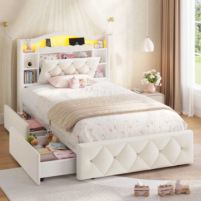 DICTAC | Twin/Full Princess Bed Frame with Storage Drawers, LED Lights, Bookcase Headboard & Charging Station, Beige Velvet Upholstered Bed,Beige