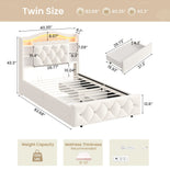 DICTAC | Princess Bed Frame with Storage Drawers, LED Lights, Bookcase Headboard & Charging Station, Beige Velvet Upholstered Bed,Beige