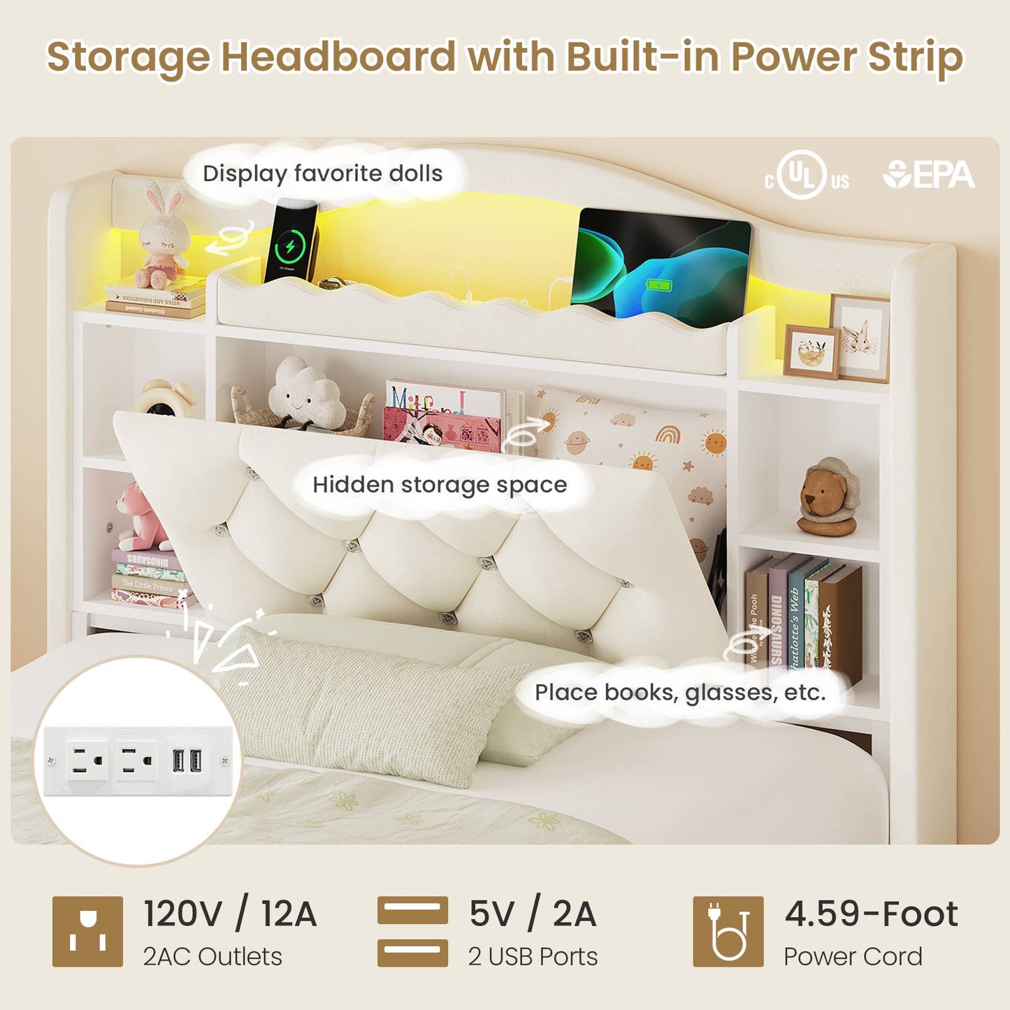 DICTAC | Twin/Full Princess Bed Frame with Storage Drawers, LED Lights, Bookcase Headboard & Charging Station, Beige Velvet Upholstered Bed,Beige