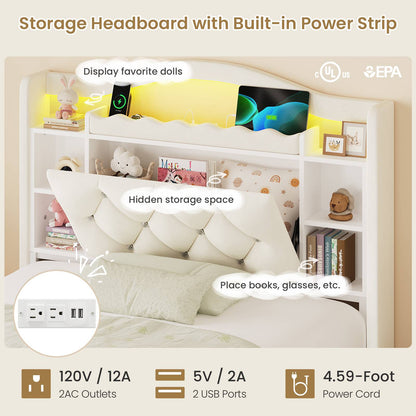 DICTAC | Twin/Full Princess Bed Frame with Storage Drawers, LED Lights, Bookcase Headboard & Charging Station, Beige Velvet Upholstered Bed,Beige