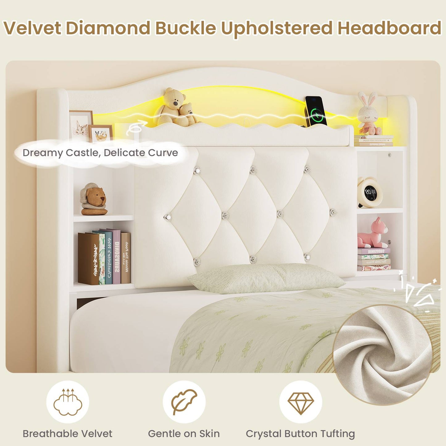 DICTAC | Twin/Full Princess Bed Frame with Storage Drawers, LED Lights, Bookcase Headboard & Charging Station, Beige Velvet Upholstered Bed,Beige