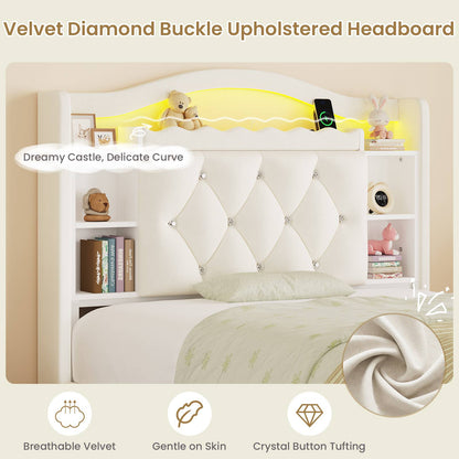 DICTAC | Twin/Full Princess Bed Frame with Storage Drawers, LED Lights, Bookcase Headboard & Charging Station, Beige Velvet Upholstered Bed,Beige