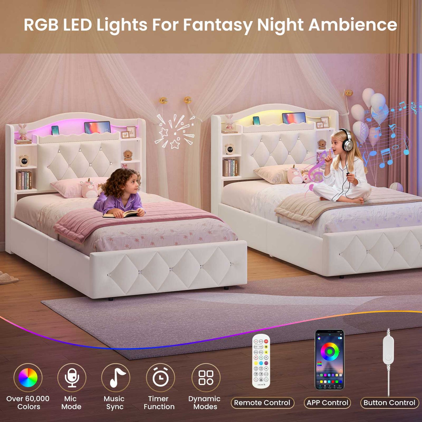 DICTAC | Twin/Full Princess Bed Frame with Storage Drawers, LED Lights, Bookcase Headboard & Charging Station, Beige Velvet Upholstered Bed,Beige