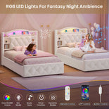 DICTAC | Princess Bed Frame with Storage Drawers, LED Lights, Bookcase Headboard & Charging Station, Beige Velvet Upholstered Bed,Beige