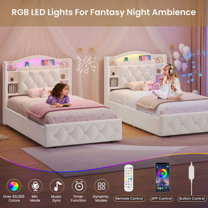 DICTAC | Twin/Full Princess Bed Frame with Storage Drawers, LED Lights, Bookcase Headboard & Charging Station, Beige Velvet Upholstered Bed,Beige