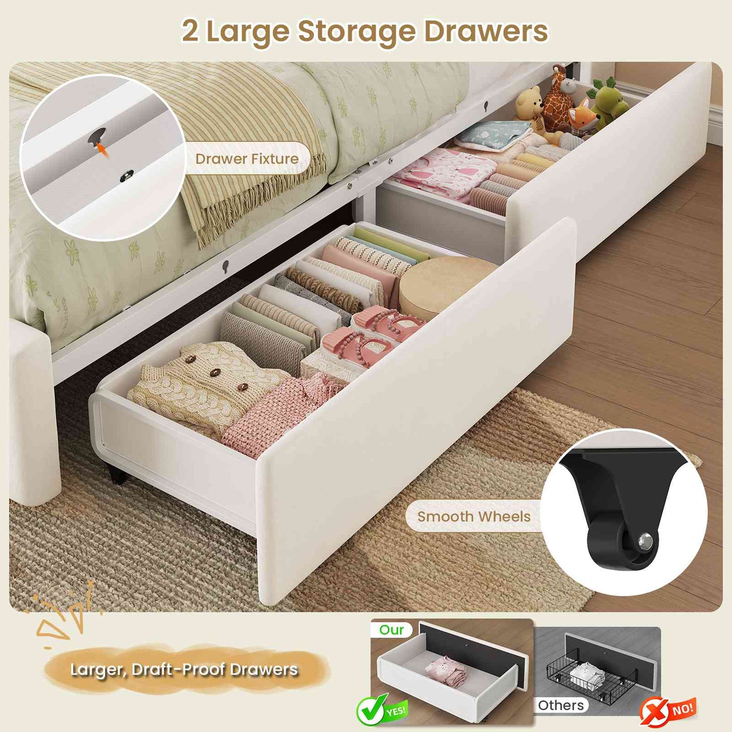 DICTAC | Twin/Full Princess Bed Frame with Storage Drawers, LED Lights, Bookcase Headboard & Charging Station, Beige Velvet Upholstered Bed,Beige