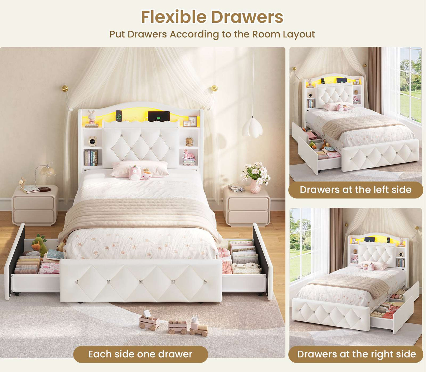 DICTAC | Twin/Full Princess Bed Frame with Storage Drawers, LED Lights, Bookcase Headboard & Charging Station, Beige Velvet Upholstered Bed,Beige