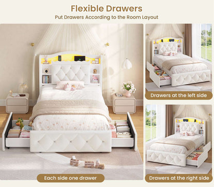 DICTAC | Twin/Full Princess Bed Frame with Storage Drawers, LED Lights, Bookcase Headboard & Charging Station, Beige Velvet Upholstered Bed,Beige