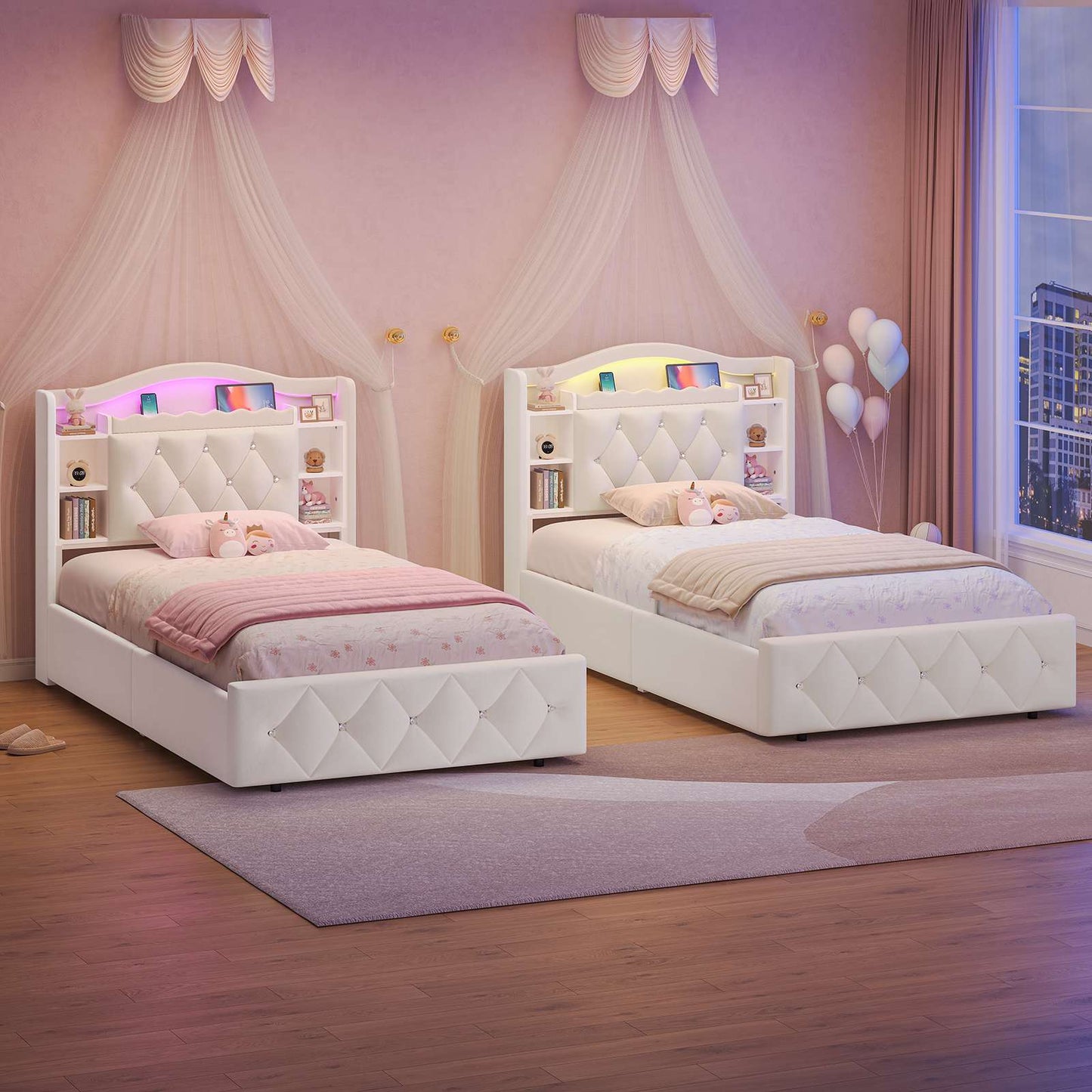 DICTAC | Twin/Full Princess Bed Frame with Storage Drawers, LED Lights, Bookcase Headboard & Charging Station, Beige Velvet Upholstered Bed,Beige