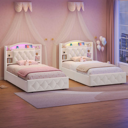 DICTAC | Twin/Full Princess Bed Frame with Storage Drawers, LED Lights, Bookcase Headboard & Charging Station, Beige Velvet Upholstered Bed,Beige