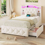 DICTAC | Princess Bed Frame with Storage Drawers, LED Lights, Bookcase Headboard & Charging Station, Beige Velvet Upholstered Bed,Beige