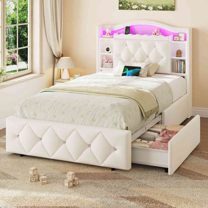 DICTAC | Twin/Full Princess Bed Frame with Storage Drawers, LED Lights, Bookcase Headboard & Charging Station, Beige Velvet Upholstered Bed,Beige