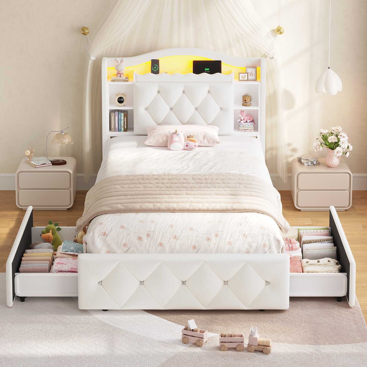 DICTAC | Twin/Full Princess Bed Frame with Storage Drawers, LED Lights, Bookcase Headboard & Charging Station, Beige Velvet Upholstered Bed,Beige