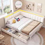 DICTAC |  Beige Corner Bed Frame with 2 Storage Drawers, LED Lights & Charging Station, Upholstered Daybed